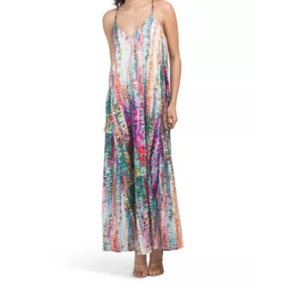 Nicole Miller Watercolor Abstract Print Satin Charmeuse Slip Maxi Dress Size L